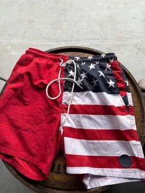 Men's Red American Flag Swim Trunks with Elastic Waist